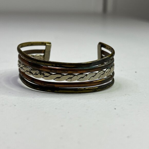 Vintage Mixed Metal Copper & Brass Open Cuff Bracelet With Braided Design - Picture 7 of 8